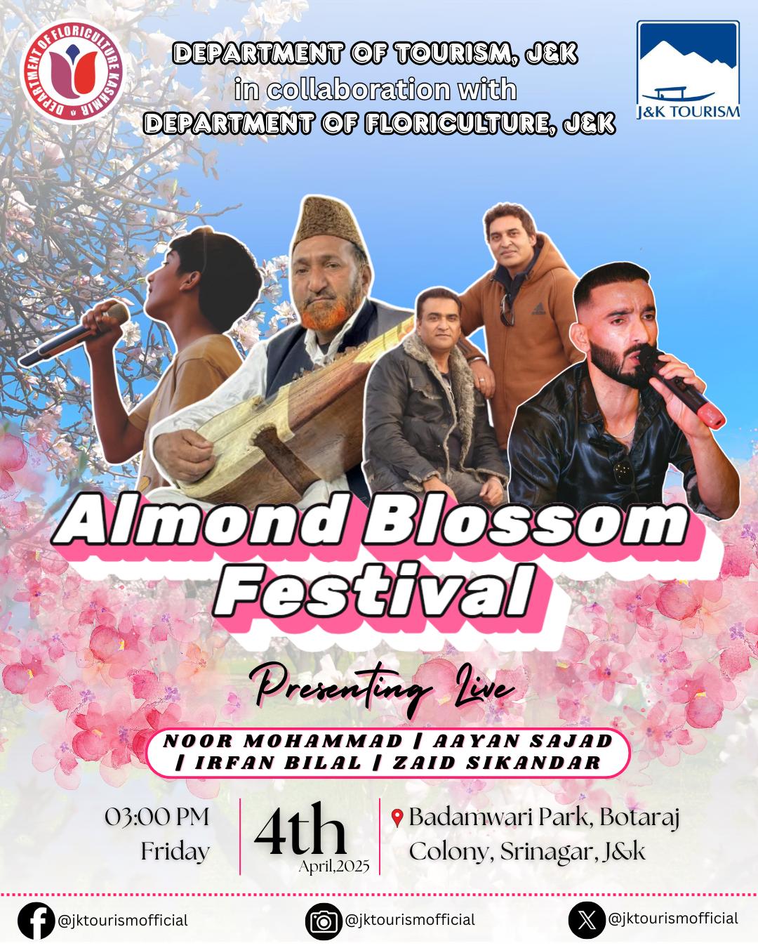 '*Almost Blossom Festival in Badam wari tomorrow.*  Srinagar, April 3, Department of tourism in collaboration with Floriculture department is organising Almond Blossom Festival in Badam wari, tomorrow. According to News Service, Associated News Bureau, ANB, prominent singers of Kashmir Noor Mohammad and Aayan Sajad, Irfan Bilal and Zaid Sikandar will perform during the show. ANB.'