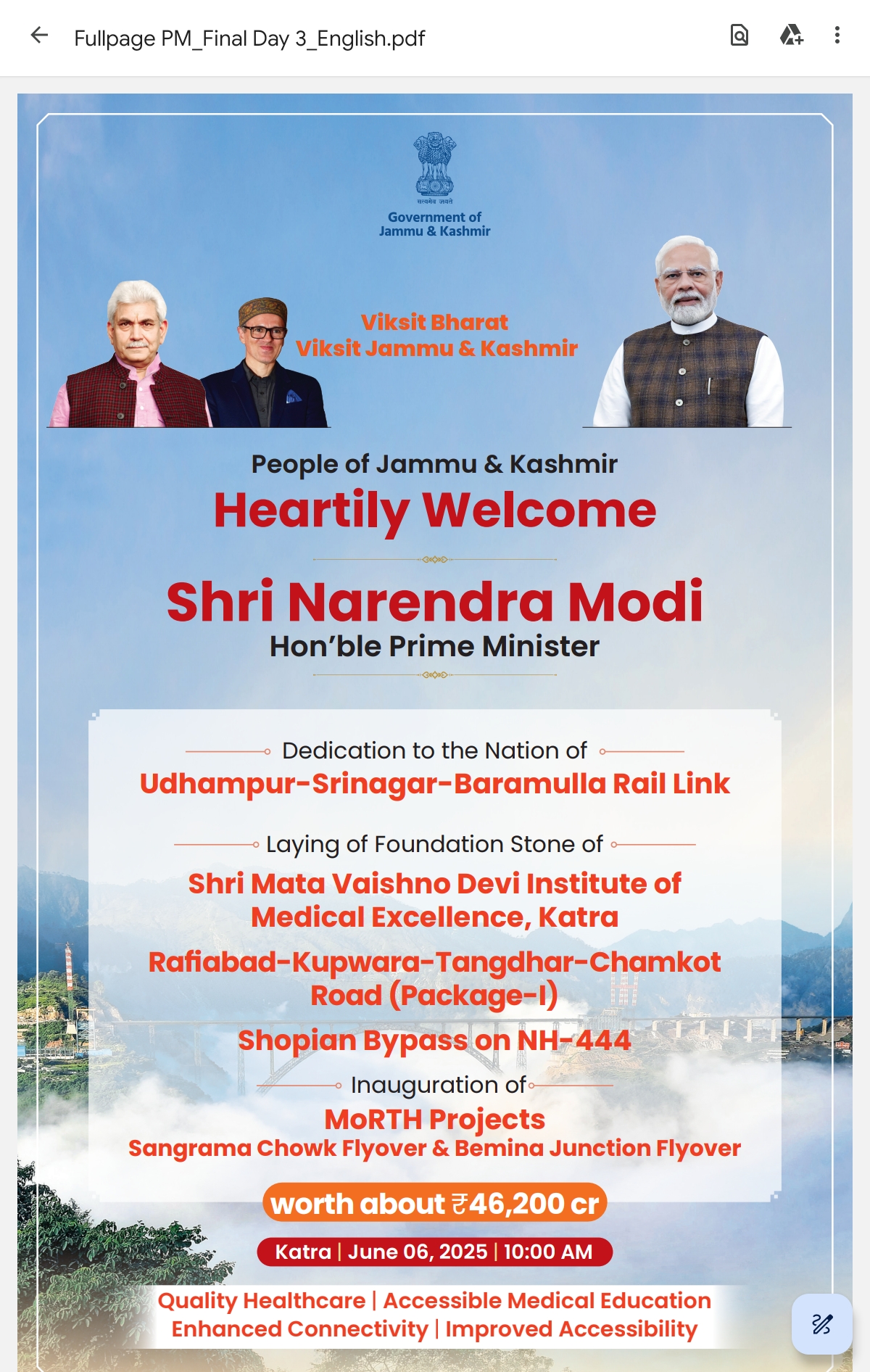'PM Modi : June 6 Marks Historic Leap for Jammu & Kashmir with ?46,000 Crore Infrastructure Boost'