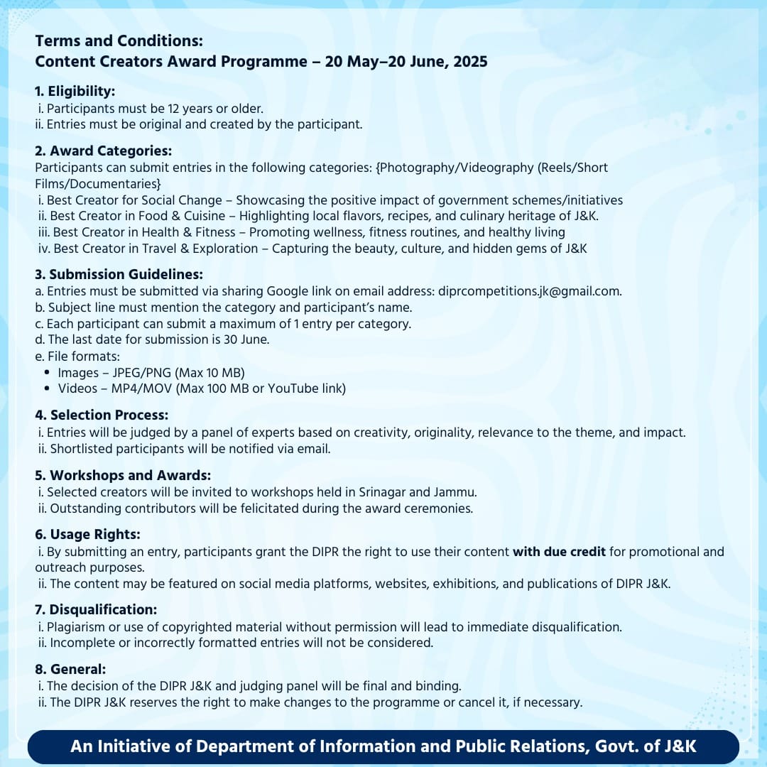 'DIPR J&K Invites Content Creators and Youth to Showcase Talent and Creativity*'