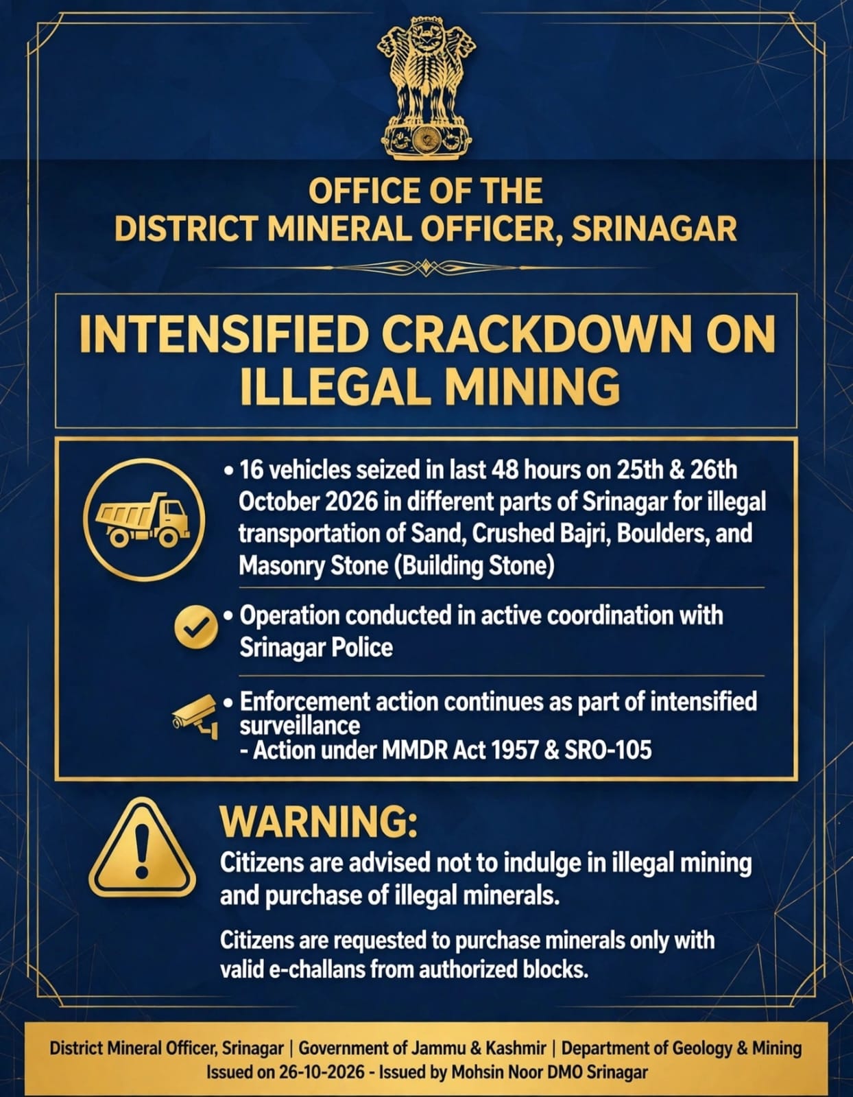 'Srinagar Geology and Mining Department Seizes 16 Vehicles in Crackdown on Illegal Mining'