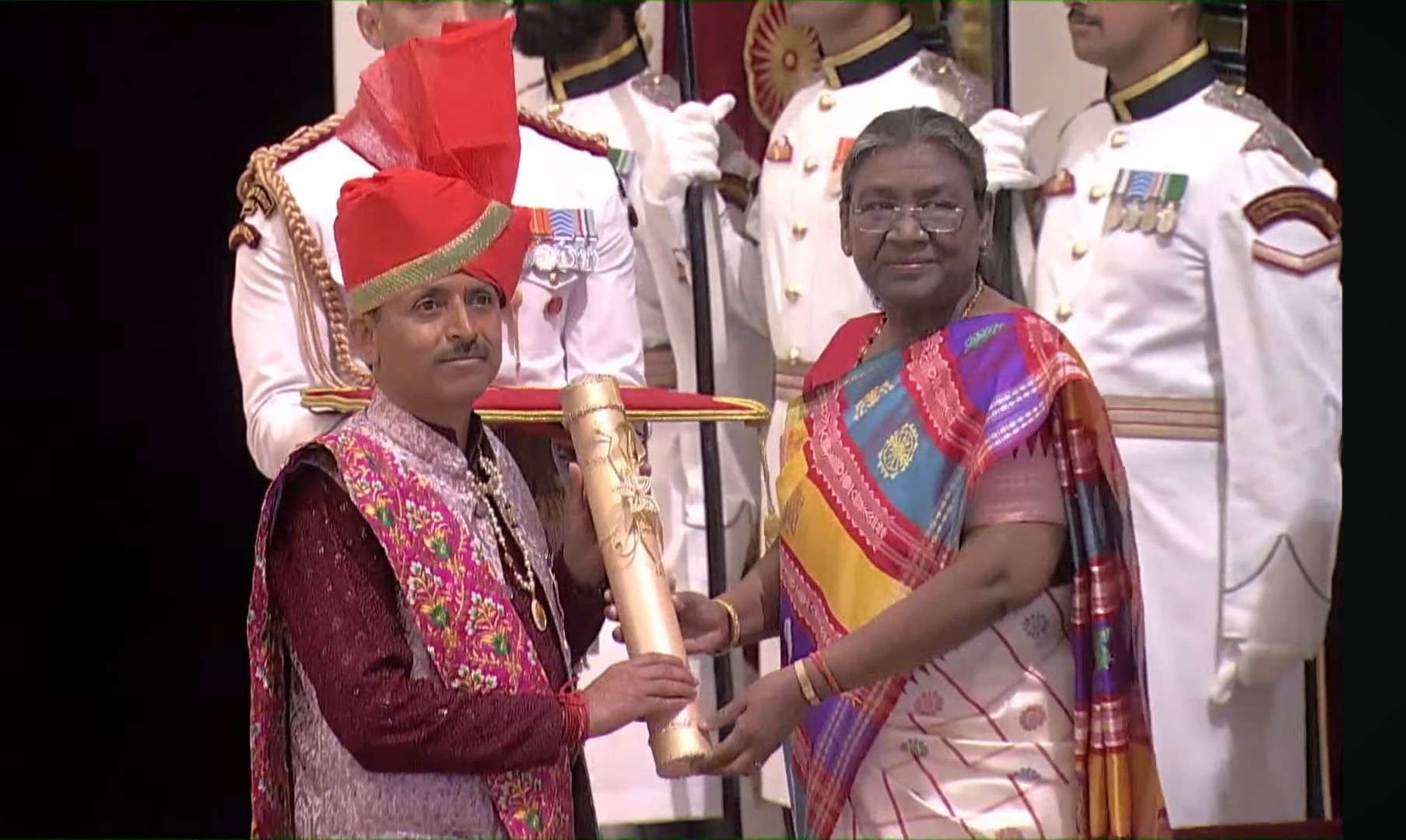 'The President of India confers Padma Shri to Shri Romalo Ram of Jammu & Kashmir in the field of Art during the Civil Investiture Ceremony'